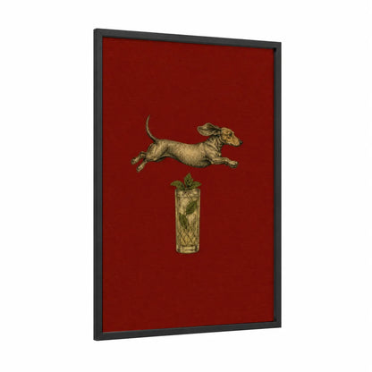 Dachshund and Cocktail Wall Art framed dogs print — black wood frame — red and gold palette
