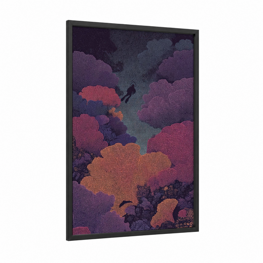Coral Reef Snorkeling framed art print — black wood frame — purple and gold palette