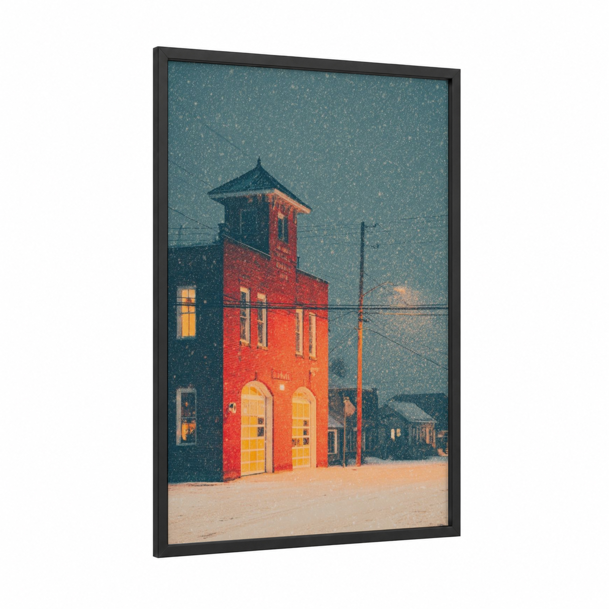 Snowy Firehouse framed fire station print — black wood frame — teal and red palette