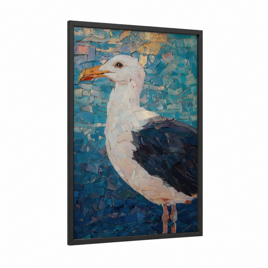 Coastal Seagull framed art print — black wood frame — teal and gold palette