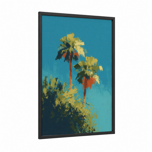 Tropical Palm Sky framed palm tree print — black wood frame — blue and yellow gold palette