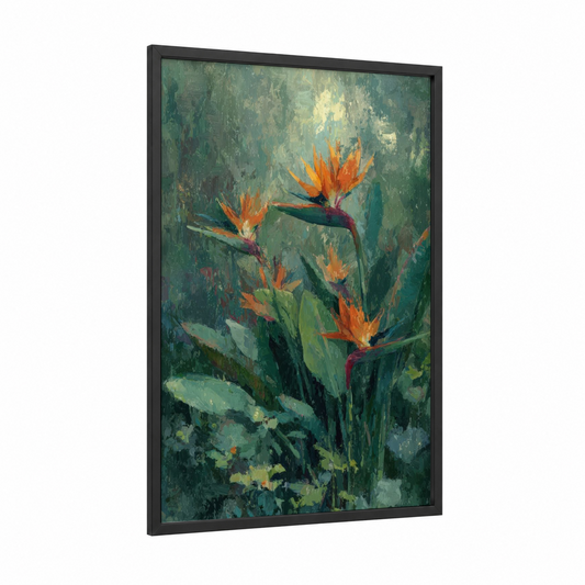 Tropical Paradise Blooms framed birds of paradise print — black wood frame — teal and orange palette