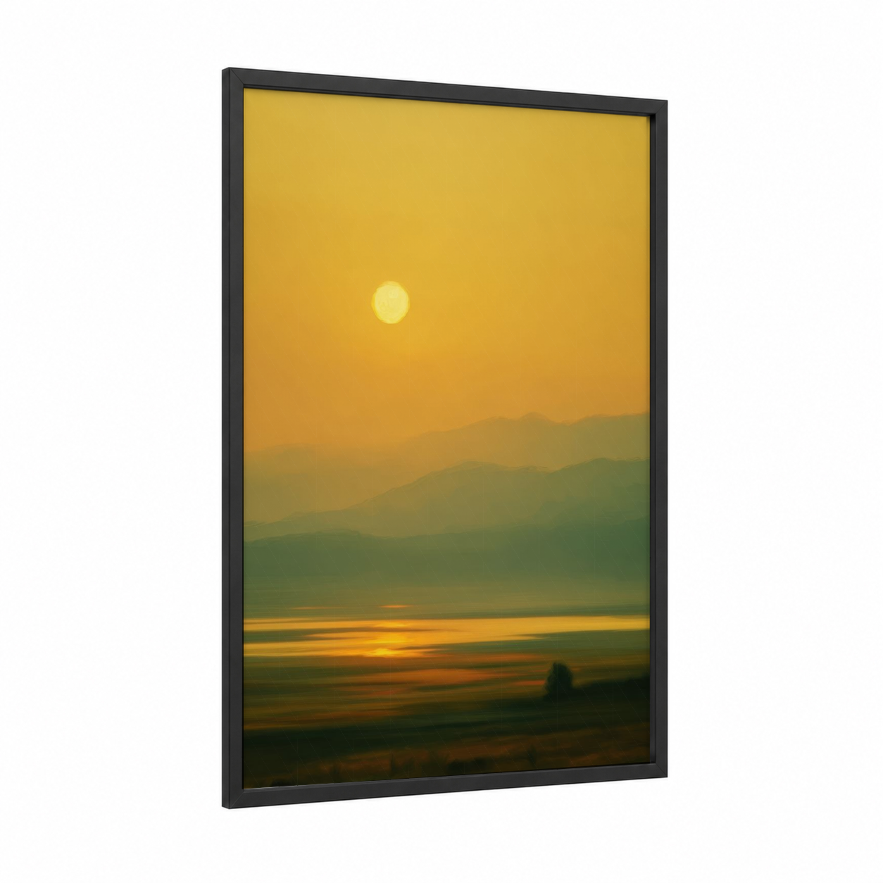 Golden Mountain Sunset framed art print — black wood frame — yellow gold and sage green palette
