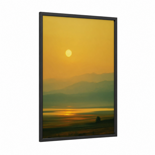 Golden Mountain Sunset framed art print — black wood frame — yellow gold and sage green palette