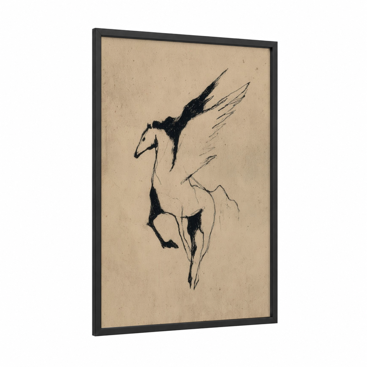 Winged Pegasus framed art print — black wood frame — black and beige palette