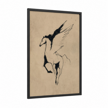 Winged Pegasus framed art print — black wood frame — black and beige palette