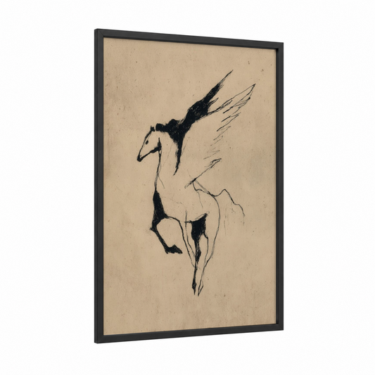 Winged Pegasus framed art print — black wood frame — black and beige palette