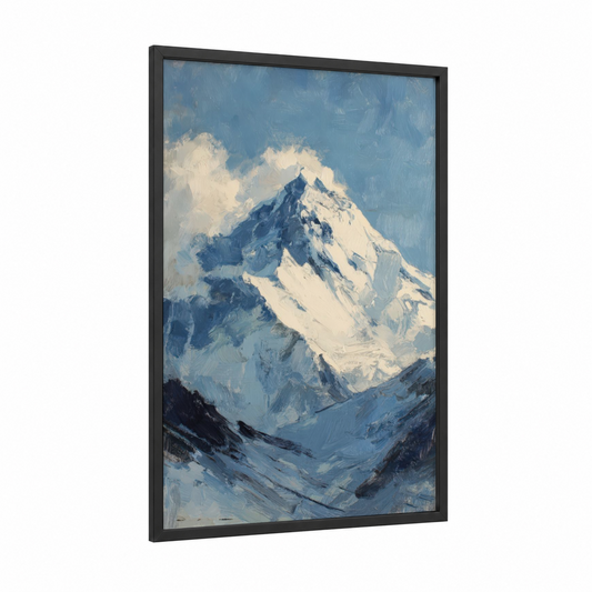 Alpine Summit framed mount everest print — black wood frame — blue and white palette