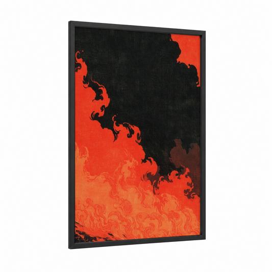 Inferno Fireplace framed art print — black wood frame — black and red and orange palette