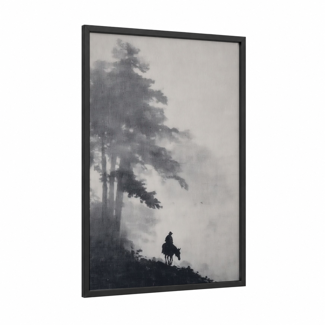 Misty Mountain Mule framed art print — black wood frame — gray and black and white palette