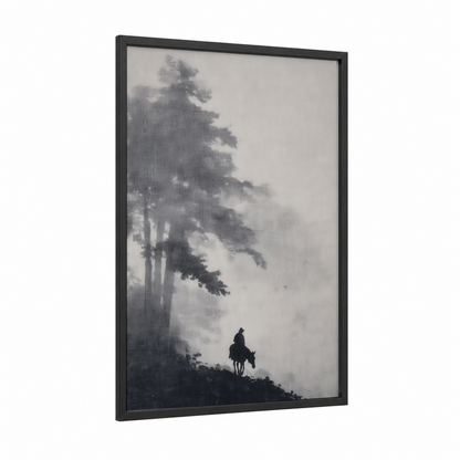 Misty Mountain Mule framed art print — black wood frame — gray and black and white palette