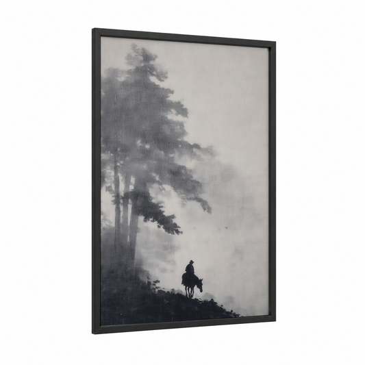 Misty Mountain Mule framed art print — black wood frame — gray and black and white palette