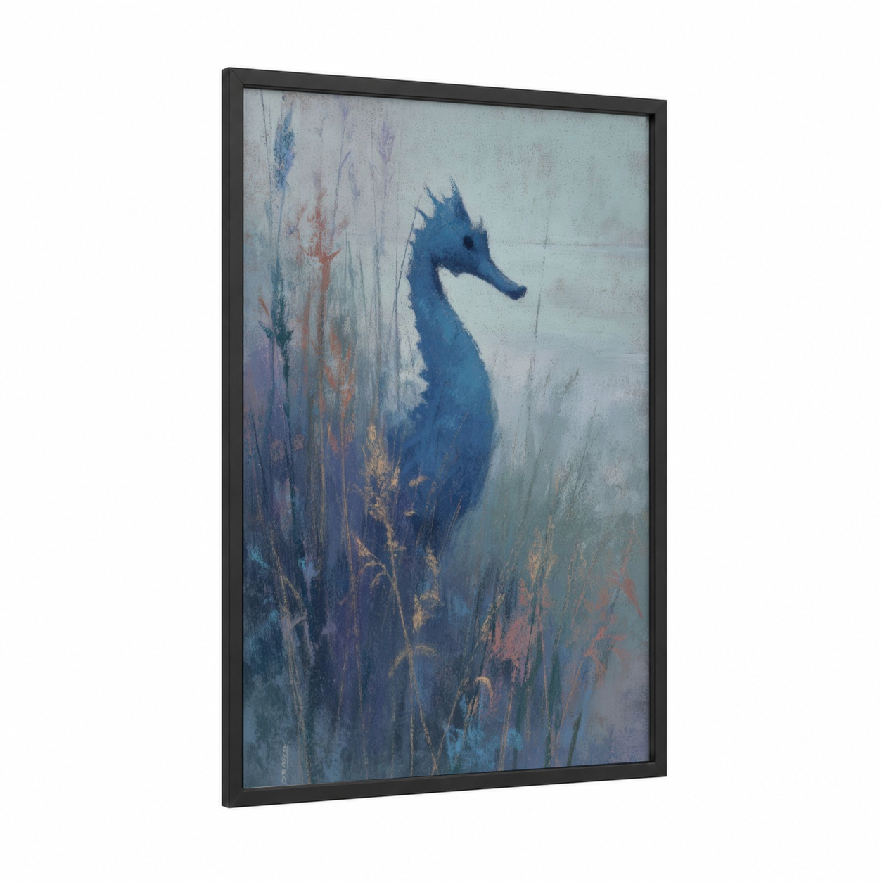 Misty Seahorse framed sea horse print — black wood frame — blue and gray palette