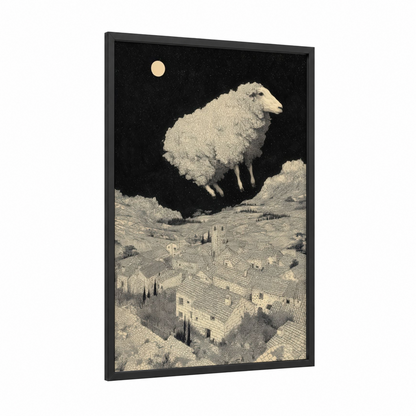Moonlit Sheep Guardian framed art print — black wood frame — cream and black palette