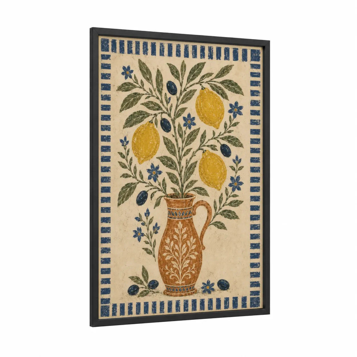 Mediterranean Lemon Branch Botanical Wall Art framed fruit print — black wood frame — yellow and blue palette
