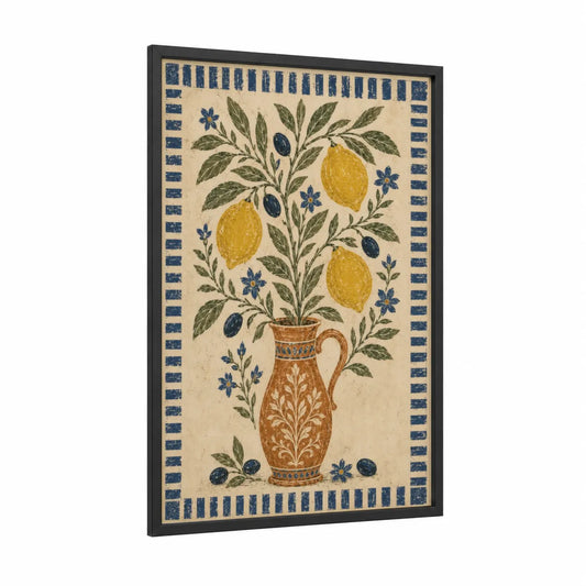Mediterranean Lemon Branch Botanical Wall Art framed fruit print — black wood frame — yellow and blue palette