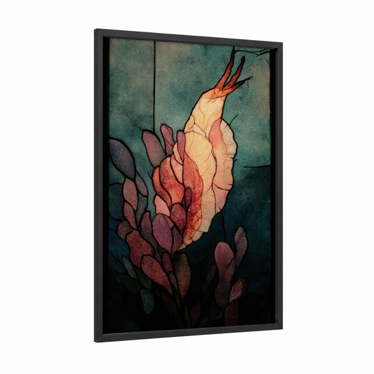 Crimson Nudibranch framed art print — black wood frame — teal and salmon pink palette