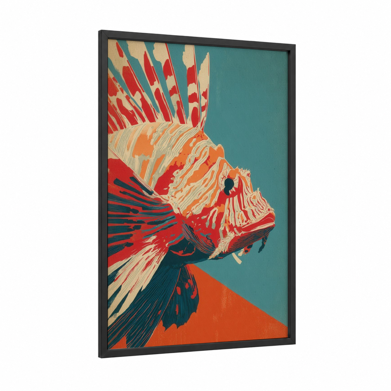 Crimson Lionfish framed art print — black wood frame — red and teal palette