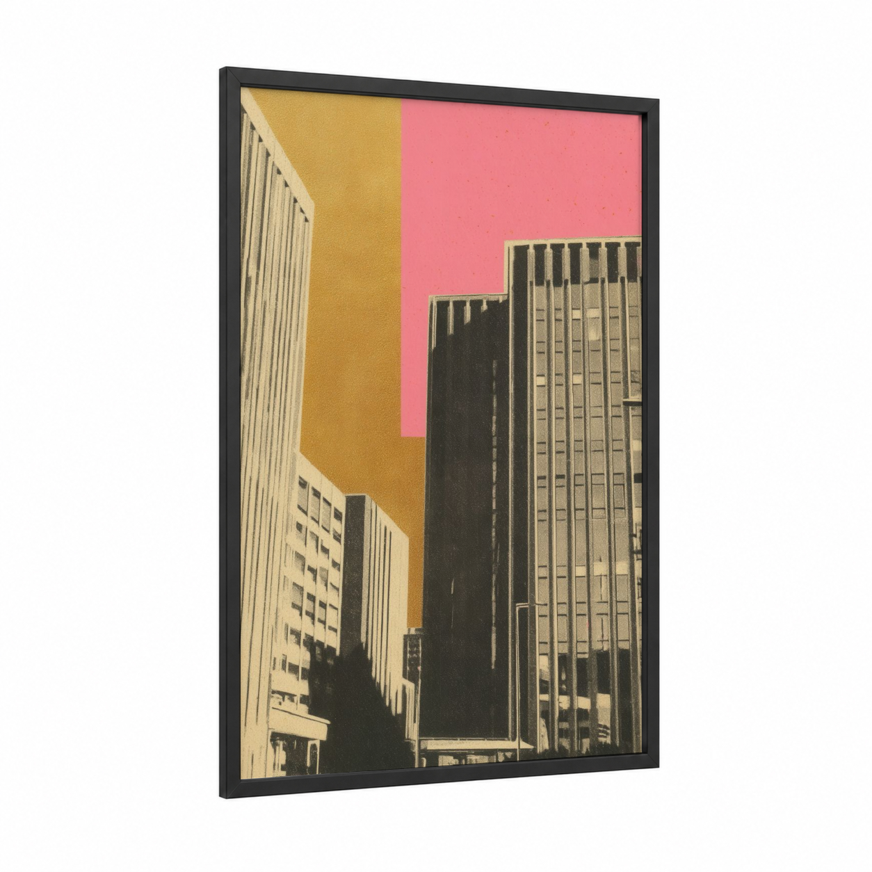 Geometric Cityscape framed abstract architecture print — black wood frame — gold and salmon pink palette