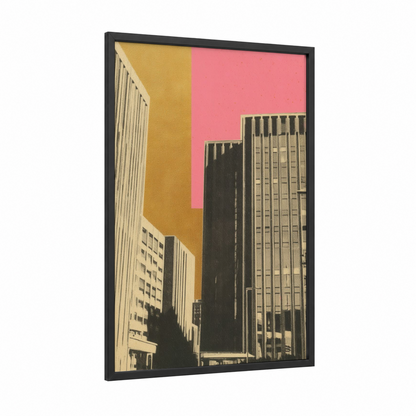 Geometric Cityscape framed abstract architecture print — black wood frame — gold and salmon pink palette
