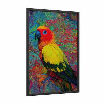 Vibrant Macaw Portrait framed safari parrots print — black wood frame — magenta and lime green palette