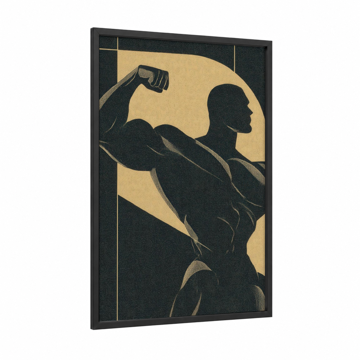 Muscular Silhouette framed bodybuilding print — black wood frame — black and gold and cream palette