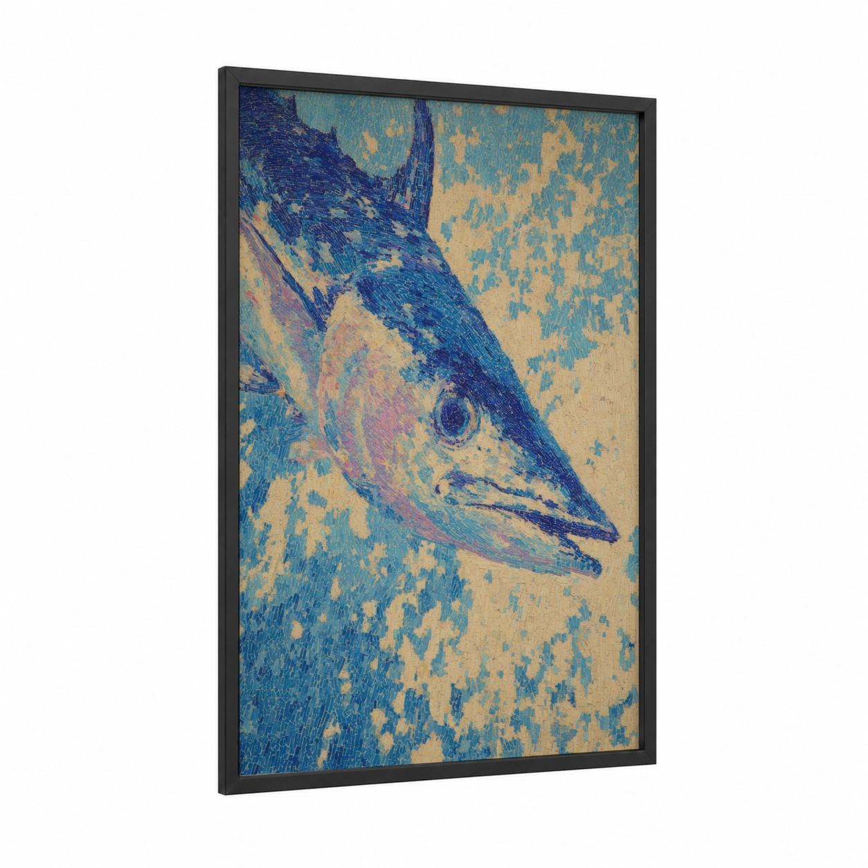 Electric Wahoo framed art print — black wood frame — dark blue and yellow gold palette