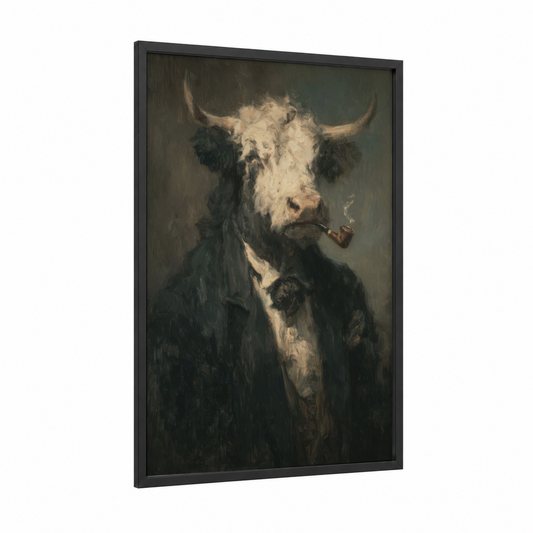 Contemplative Yak framed art print — black wood frame — black and white and brown palette
