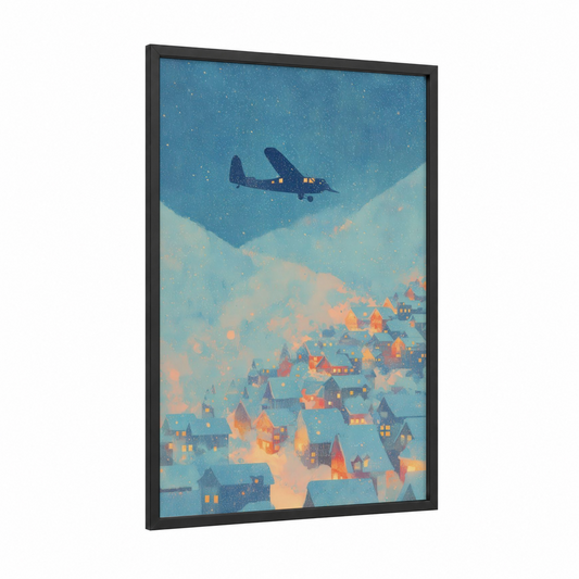 Starlit Delivery framed propeller plane print — black wood frame — blue and gold palette