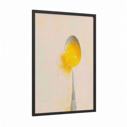 Golden Spoon Splash framed condiments print — black wood frame — gold and cream palette