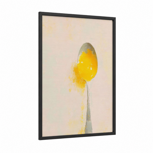 Golden Spoon Splash framed condiments print — black wood frame — gold and cream palette