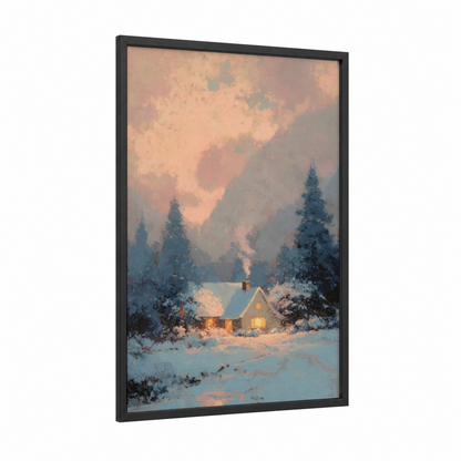 Snowy Christmas Cottage framed art print — black wood frame — cream and blue palette
