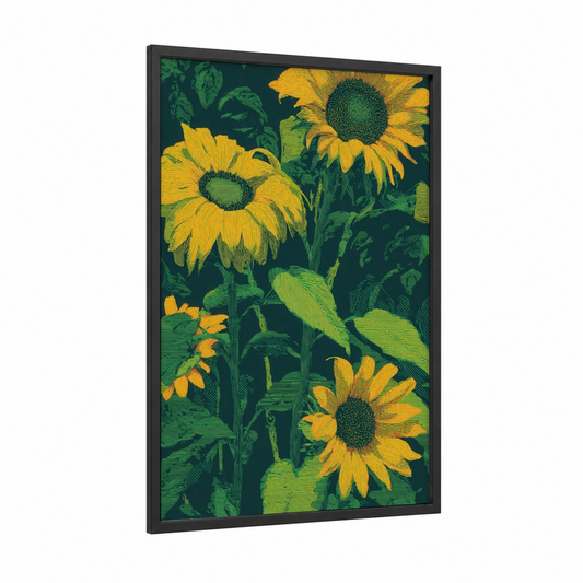 Golden Sunflower Field framed art print — black wood frame — gold and dark green palette