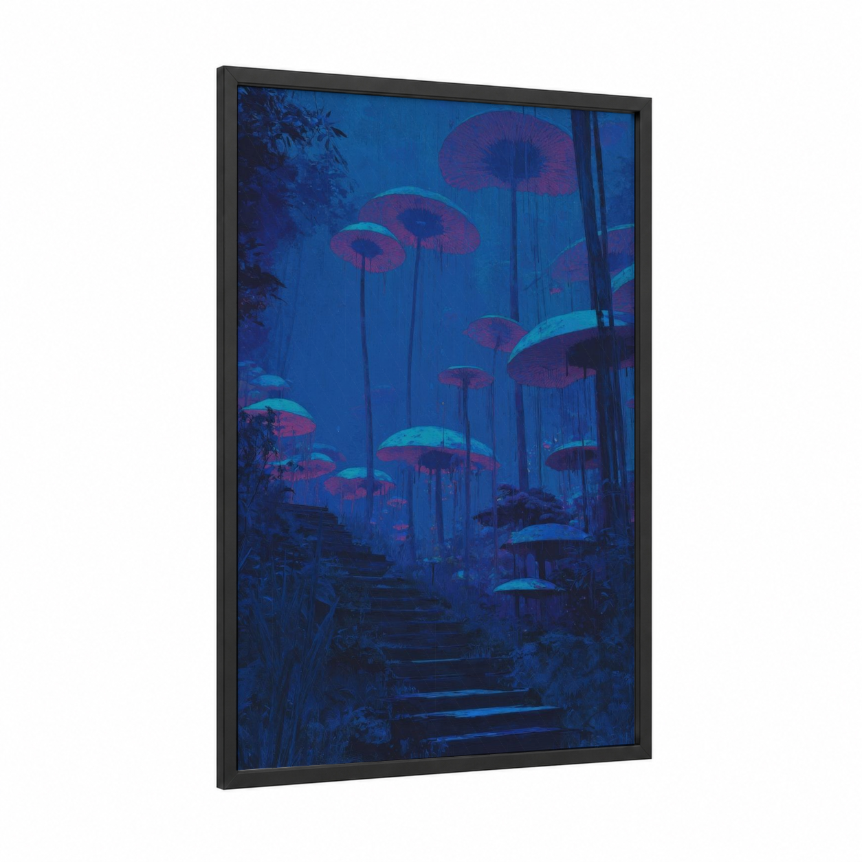 Neon Staircase framed art print — black wood frame — blue and magenta palette