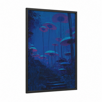 Neon Staircase framed art print — black wood frame — blue and magenta palette