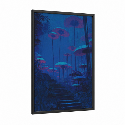 Neon Staircase framed art print — black wood frame — blue and magenta palette