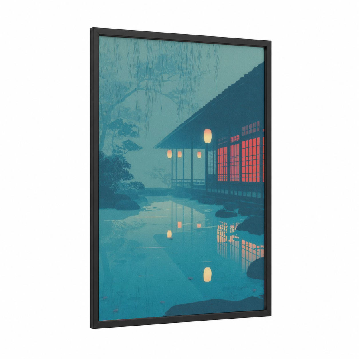 Riverside Hotel Dusk framed art print — black wood frame — teal and gold palette