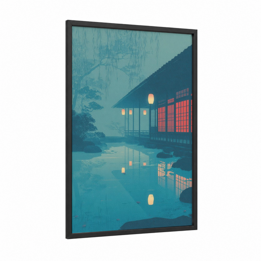 Riverside Hotel Dusk framed art print — black wood frame — teal and gold palette