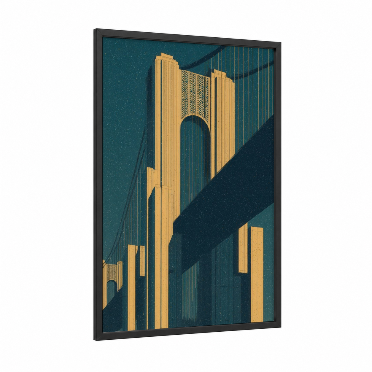 Golden Suspension Bridge framed bridges print — black wood frame — yellow gold and teal palette
