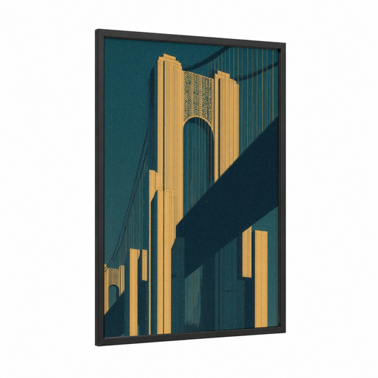 Golden Suspension Bridge framed bridges print — black wood frame — yellow gold and teal palette