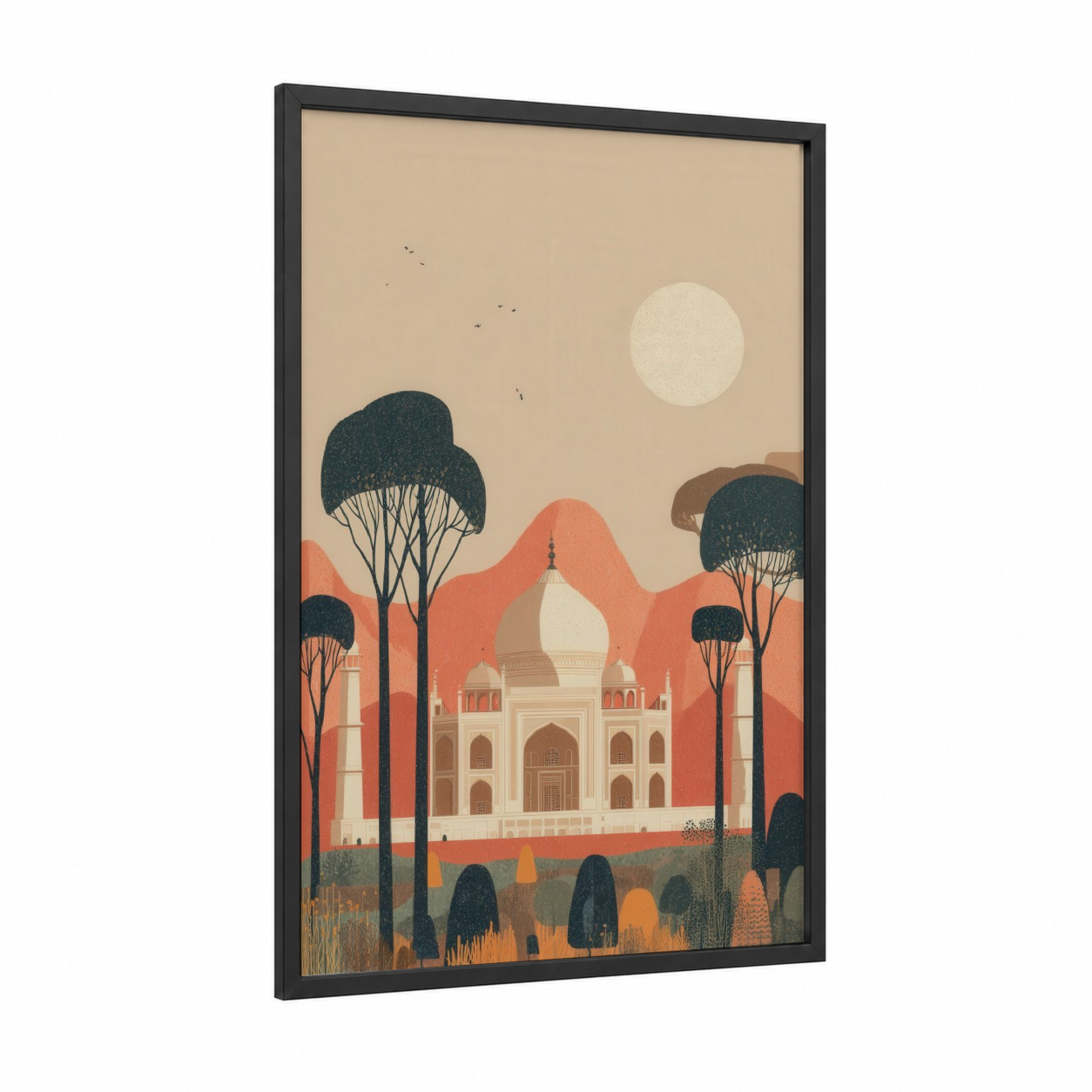 Taj Mahal Landscape framed art print — black wood frame — peach and cream palette