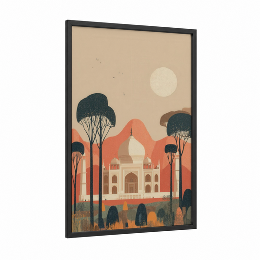 Taj Mahal Landscape framed art print — black wood frame — peach and cream palette