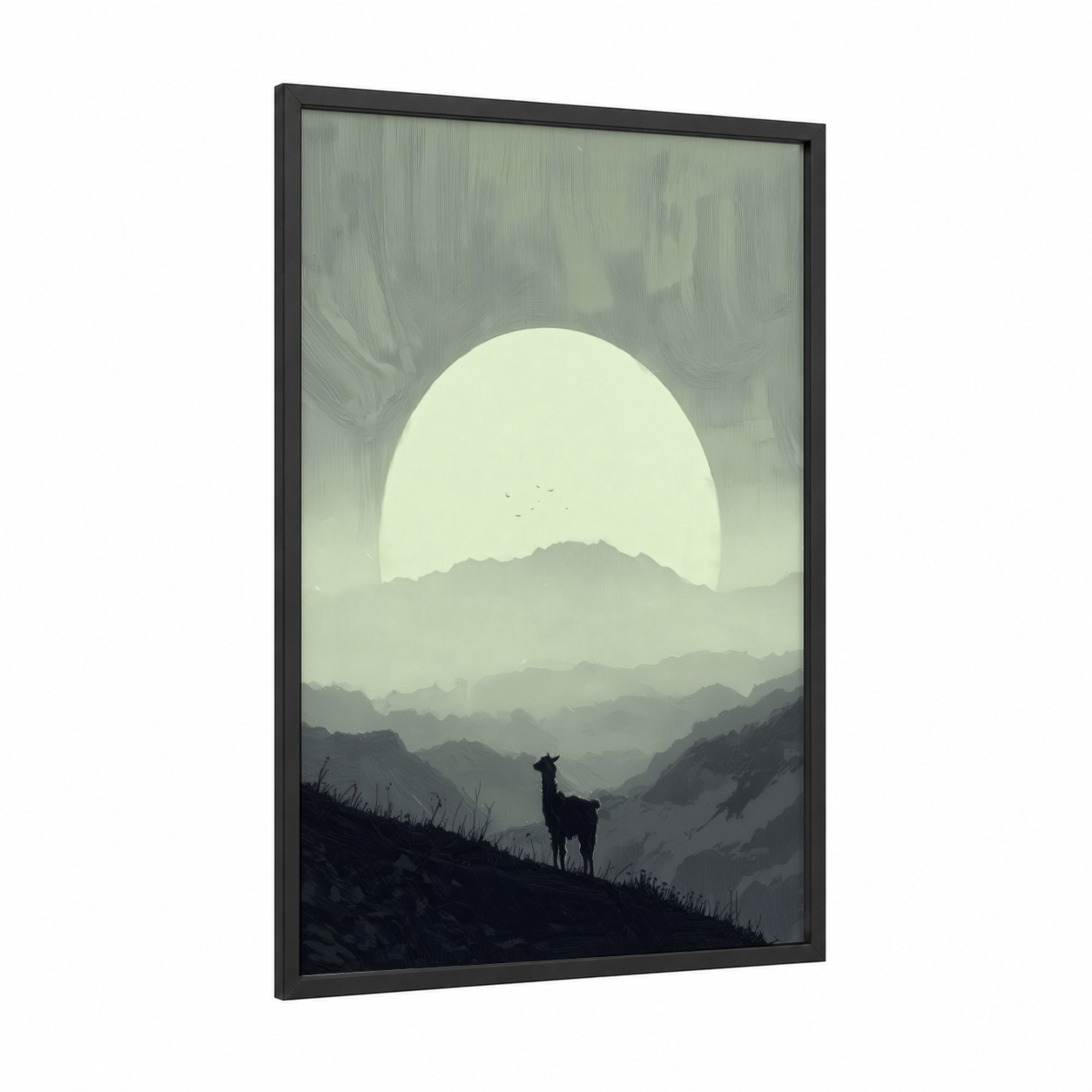 Mountain Alpaca framed art print — black wood frame — gray and cream palette