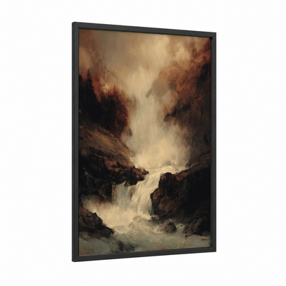 Misty Waterfall Canyon framed art print — black wood frame — brown and cream palette
