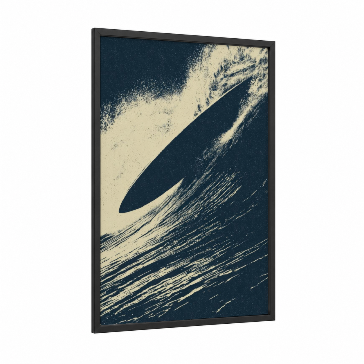 Aerial Surfing framed water surfing print — black wood frame — cream and dark blue palette