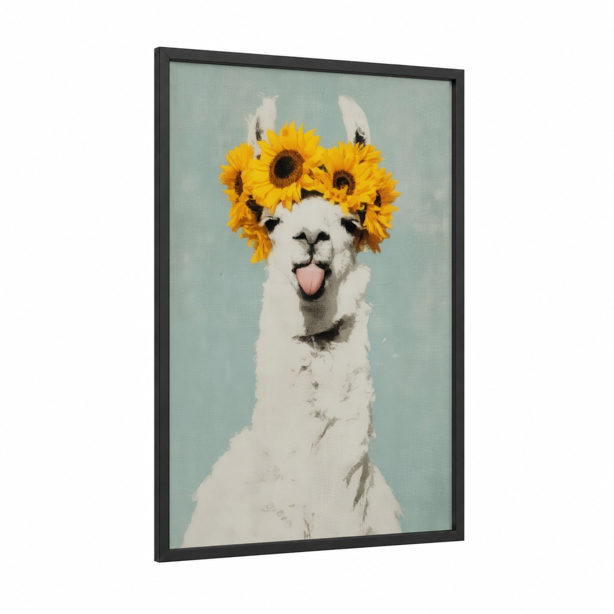 Sunflower Llama framed art print — black wood frame — light green and yellow gold palette