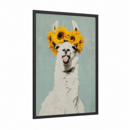 Sunflower Llama framed art print — black wood frame — light green and yellow gold palette