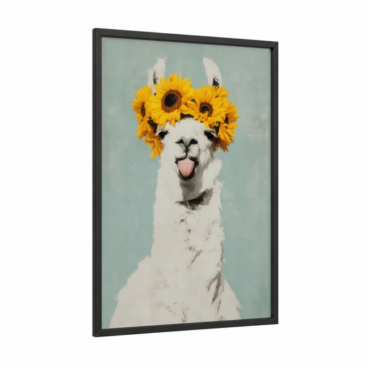 Sunflower Llama framed art print — black wood frame — light green and yellow gold palette