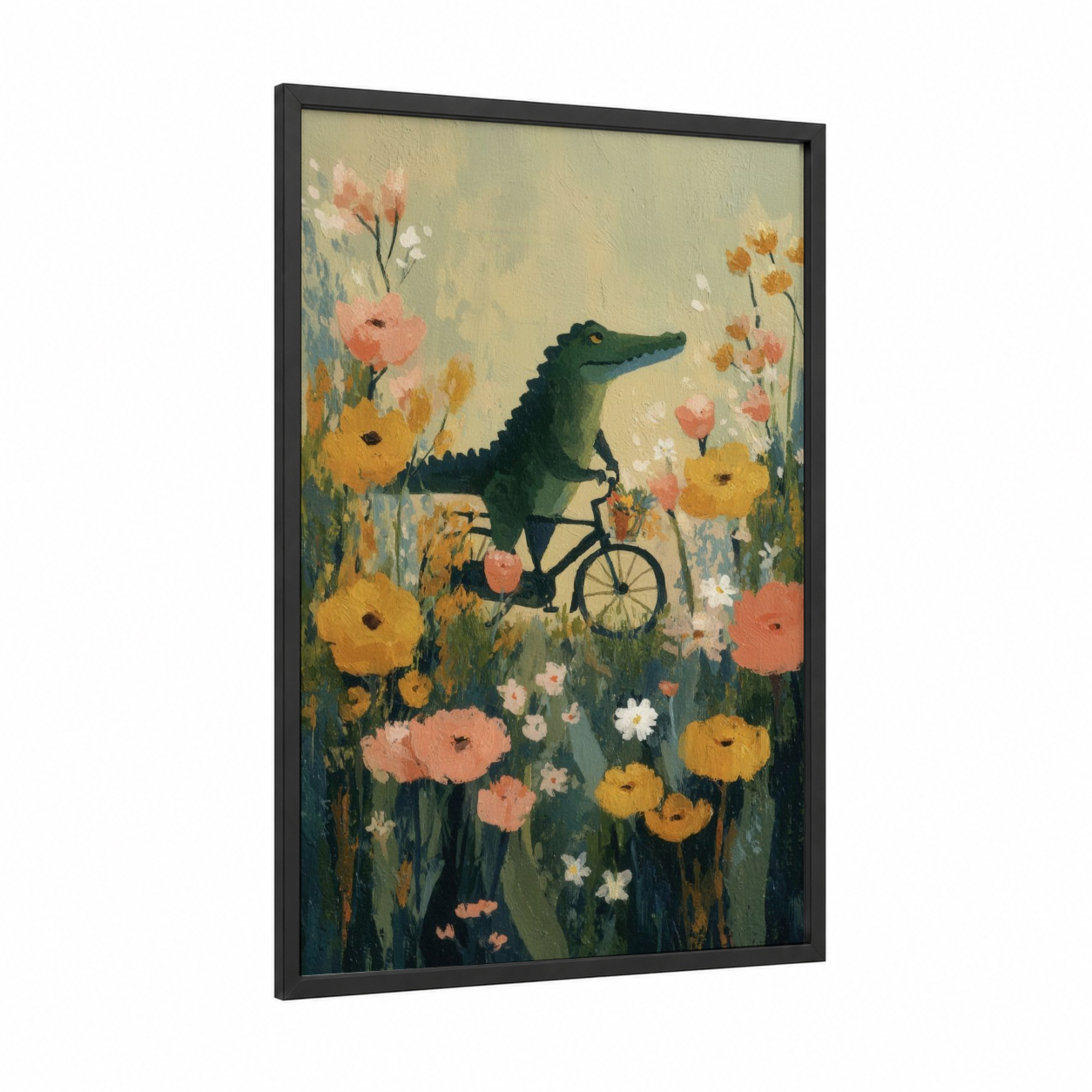 Cycling Alligator framed art print — black wood frame — cream and sage green palette