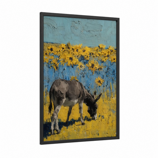 Sunflower Donkey framed art print — black wood frame — yellow gold and blue palette